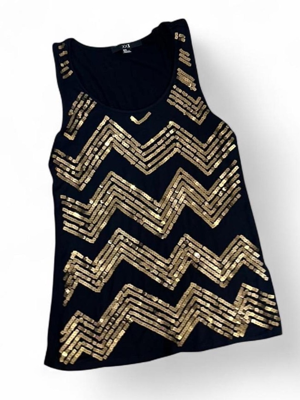 Forever 21 Black Tank with Gold Sequin Chevron Pattern